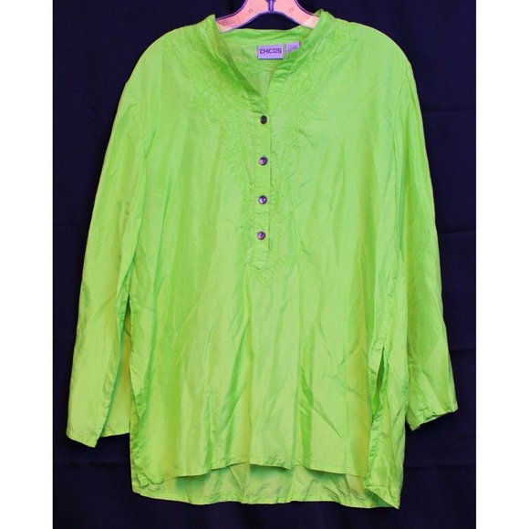 Chico's Silk Button Down sz 1 Green Floral Embroidery Spring Smooth Sleepshirt - Picture 1 of 6